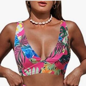 Hilinker Floral Pink V-Neck Tropical Print Bikini Top Size XL Adjustatble Straps